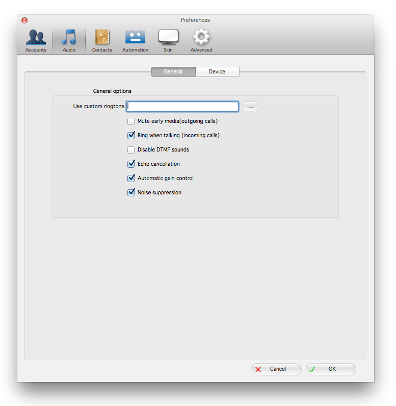 Zoiper mac audio tab general