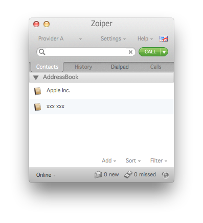 Zoiper mac main window contacts tab call button active