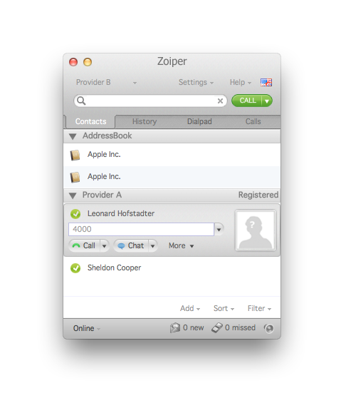 Zoiper mac main window contacts tab contact selected