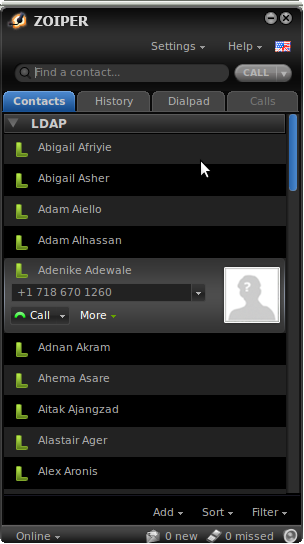 Zoiper linux main window contacts tab contact selected