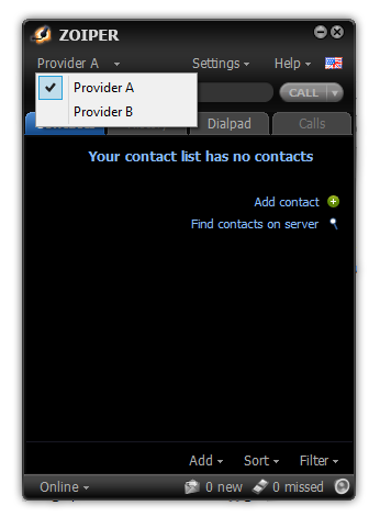 Zoiper windows main window contacts tab call button active