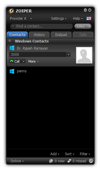 Zoiper windows main window contacts tab contact selected